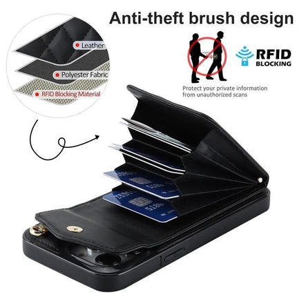 Phone Case With Lanyard Built In Wallet For Daily Essentials shown open with RFID-blocking card slots and anti-theft brush design