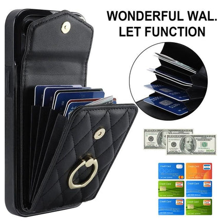 Phone Case With Lanyard Built In Wallet For Daily Essentials – black quilted PU leather wallet case with card slots, RFID shielding and adjustable lanyard