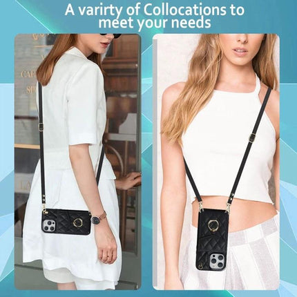 Phone Case With Lanyard Built In Wallet For Daily Essentials - black quilted PU leather crossbody phone case with adjustable lanyard and card wallet