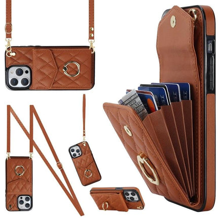 Phone Case With Lanyard Built In Wallet For Daily Essentials – brown quilted PU leather wallet case with RFID card slots and adjustable strap