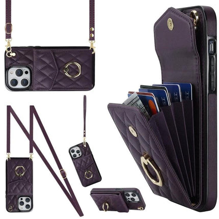 Phone Case With Lanyard Built In Wallet For Daily Essentials - purple quilted PU leather with RFID card slots and adjustable strap