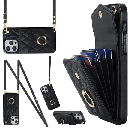 Phone Case With Lanyard Built In Wallet For Daily Essentials - black quilted PU leather wallet case with adjustable strap, RFID card slots, and protective TPU interior