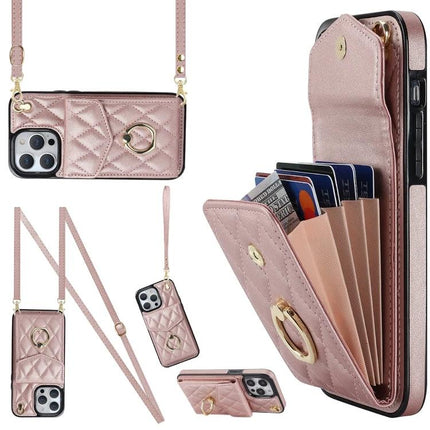 Phone Case With Lanyard Built In Wallet For Daily Essentials - rose gold quilted PU leather crossbody phone wallet with card slots and RFID shielding