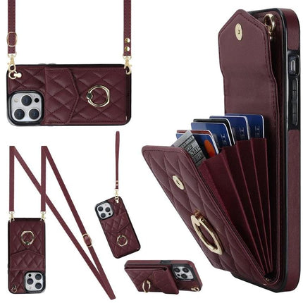 Phone Case With Lanyard Built In Wallet For Daily Essentials - quilted burgundy PU leather card holder with adjustable strap and RFID shielding