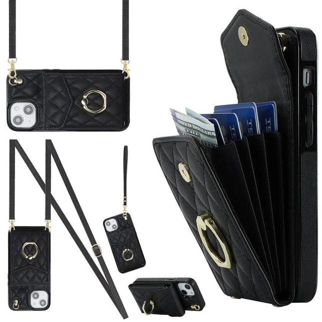 Phone Case With Lanyard For Everyday Essentials in black quilted PU leather with card wallet, cash slots and adjustable strap
