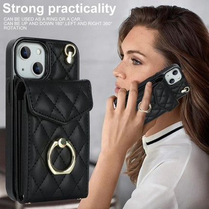 Phone Case With Lanyard For Everyday Essentials - black quilted PU leather wallet case with gold ring and woman holding phone