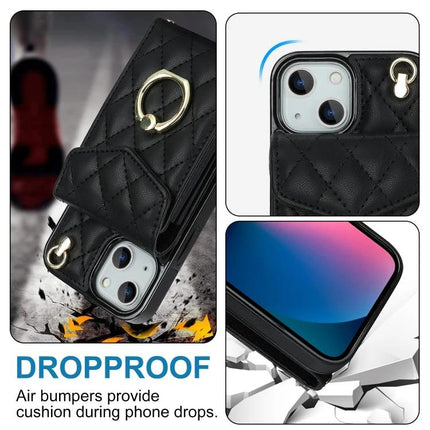 Phone Case With Lanyard For Everyday Essentials - black quilted PU leather protective wallet case with ring and card pocket