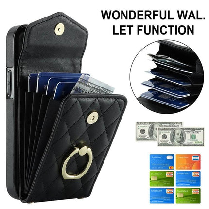 Phone Case With Lanyard For Everyday Essentials black quilted PU leather cardholder wallet with ring and multiple card slots