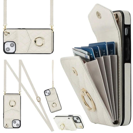 Phone Case With Lanyard For Everyday Essentials white PU leather wallet case with card slots ring and strap