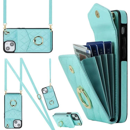 Phone Case With Lanyard For Everyday Essentials in quilted turquoise PU leather with card wallet and detachable strap