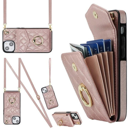 Phone Case With Lanyard For Everyday Essentials in rose gold quilted PU leather with card wallet, detachable strap and ring