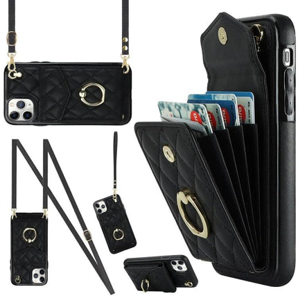 Phone Case With Card Storage For Daily Carry - black PU leather wristlet with adjustable lanyard, secure card slots and protective TPU shell