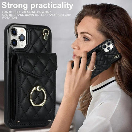 Phone Case With Card Storage For Daily Carry black quilted PU leather with ring, lanyard and secure card slot shown on commuter