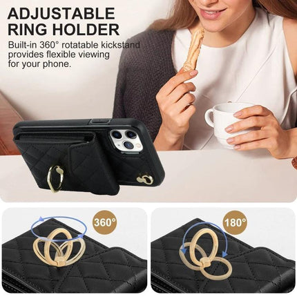 Phone Case With Card Storage For Daily Carry featuring adjustable ring holder, 360° rotatable kickstand, PU leather quilted protection