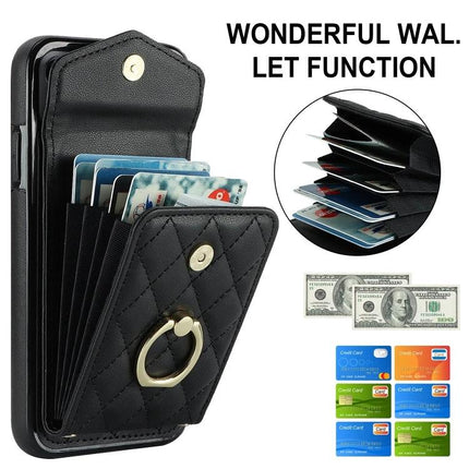 Phone Case With Card Storage For Daily Carry - black PU leather wallet case with ring, accordion card slots and adjustable lanyard for hands-free commuting