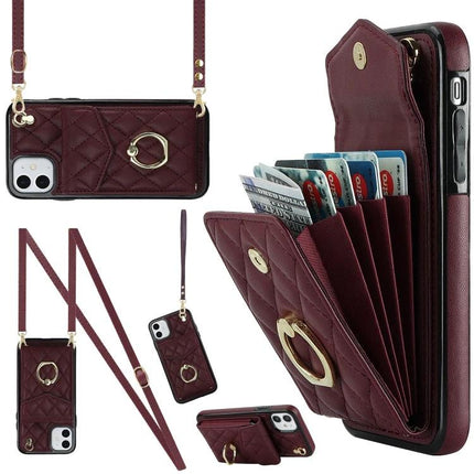 Phone Case With Card Storage For Daily Carry burgundy quilted PU leather wallet case with adjustable lanyard and secure card slot