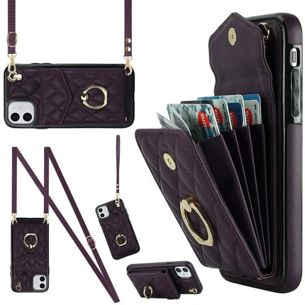 Phone Case With Card Storage For Daily Carry in quilted purple PU leather with adjustable lanyard, secure multi-card slot and protective TPU bumper