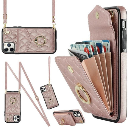 Phone Case With Card Storage For Daily Carry - rose gold quilted PU leather wallet case with adjustable lanyard and secure card slots