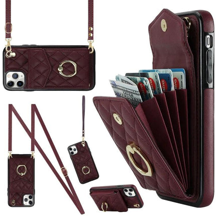 Phone Case With Card Storage For Daily Carry in quilted burgundy PU leather with adjustable lanyard and multi-card accordion wallet