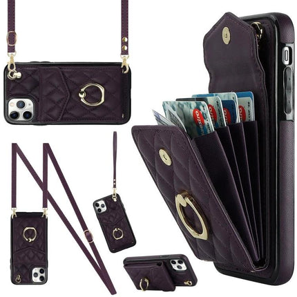 Phone Case With Card Storage For Daily Carry in quilted PU leather with adjustable lanyard and multiple card slots, protective TPU snap closure