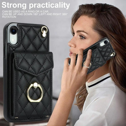 iPhone Case With Lanyard For Daily Carry - quilted black wallet phone case with ring holder, card pocket, and hands-free wear