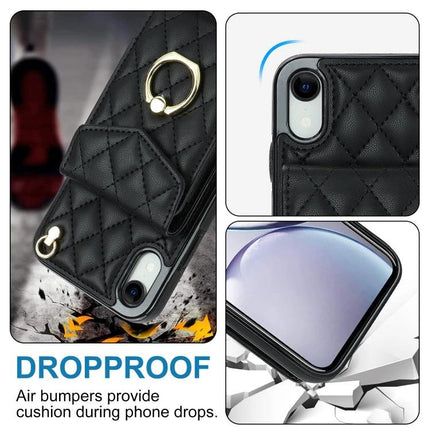 iPhone Case With Lanyard For Daily Carry – quilted black dropproof phone case with card pocket, ring lanyard and raised air bump protection