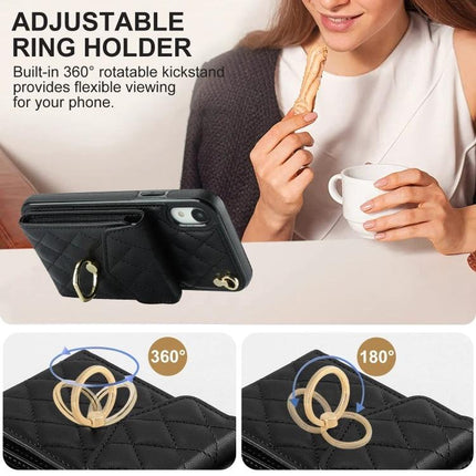 iPhone Case With Lanyard For Daily Carry showing quilted black case with adjustable ring holder, card slot and hands-free neck/wrist lanyard