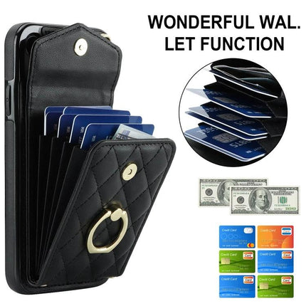 iPhone Case With Lanyard For Daily Carry showing quilted black card wallet, ring holder and neck lanyard for hands-free use