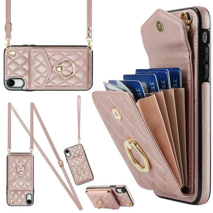 iPhone Case With Lanyard For Daily Carry - rose gold quilted wallet phone case with crossbody strap, card slots and ring for hands-free use