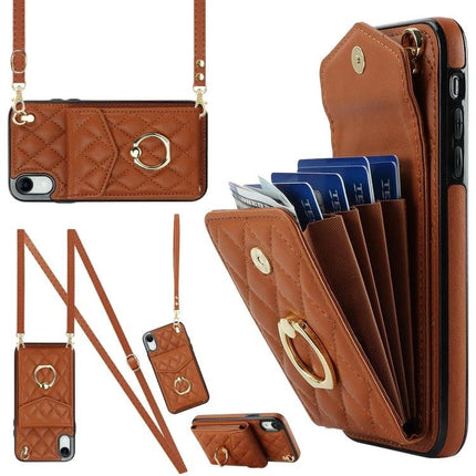 iPhone Case With Lanyard For Daily Carry brown quilted wallet case with card slots, lanyard strap and ring for hands-free use