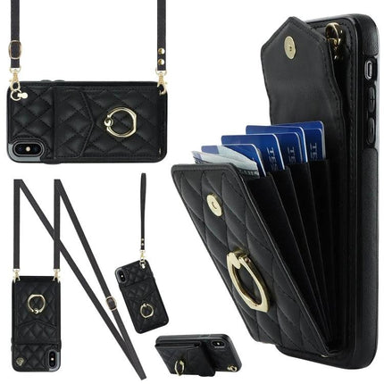 iPhone Case With Lanyard For Daily Carry - black quilted wallet case with card slots, strap, and gold ring for hands-free everyday use