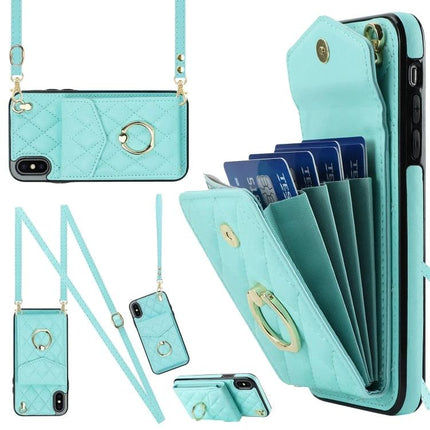 iPhone Case With Lanyard For Daily Carry showing mint quilted wallet case with card slots, wrist/neck strap and ring for hands-free use