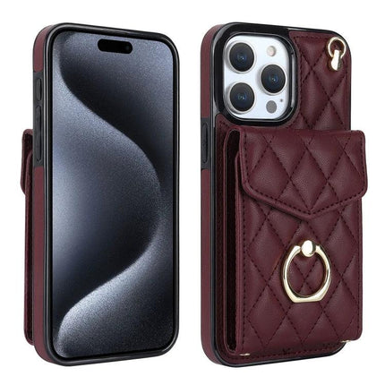 Travel Phone Case With Lanyard For Daily Essentials - quilted burgundy PU leather phone case with card pocket, ring and neck lanyard attachment
