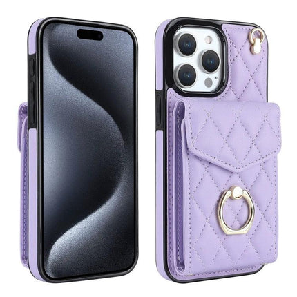 Travel Phone Case With Lanyard For Daily Essentials - lavender quilted PU leather phone wallet with ring and neck lanyard