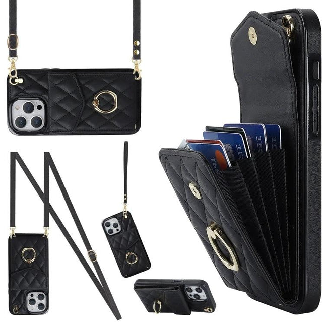Phone Case With Lanyard For Daily Carry black quilted RFID cardholder crossbody case with adjustable strap and ring