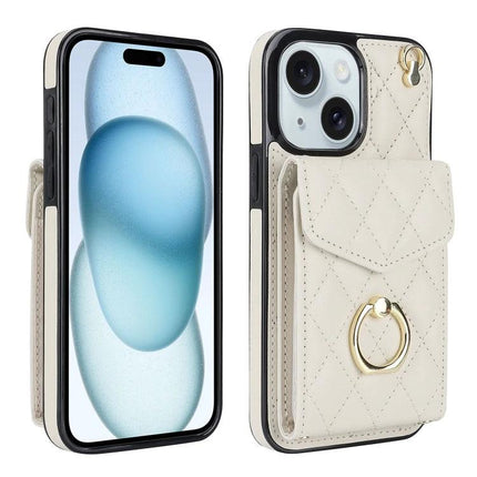 Phone Case With Lanyard For Daily Carry - cream quilted card holder, ring grip, adjustable lanyard for neck or wrist