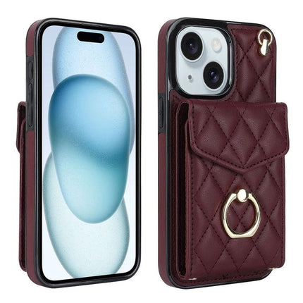 Phone Case With Lanyard For Daily Carry - quilted burgundy wallet phone case with built-in card slot, ring and adjustable lanyard attachment