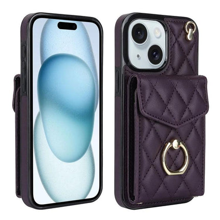 Phone Case With Lanyard For Daily Carry - quilted purple leather case with card holder, ring clasp and adjustable lanyard for neck or wrist