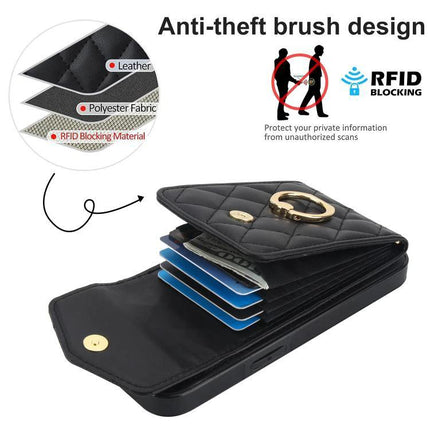 Lanyard Phone Case For Daily Use, Keeps Phone And Essentials Accessible Hands Free - black quilted wallet case with RFID blocking card slots and anti-theft design