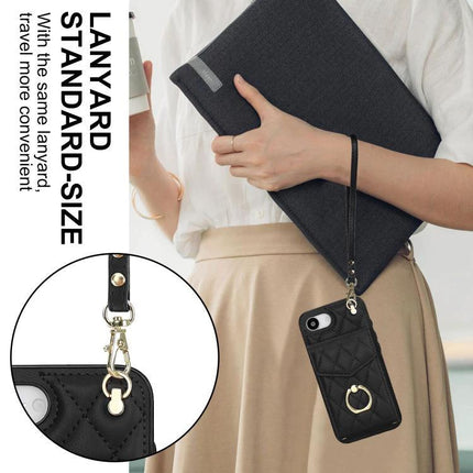 Lanyard Phone Case For Daily Use, Keeps Phone And Essentials Accessible Hands Free - black quilted wrist lanyard with card slot and ring