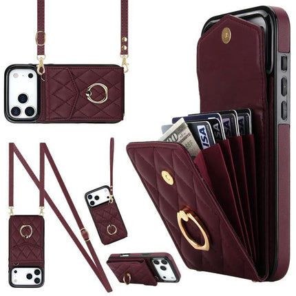 Lanyard Phone Case For Daily Use, Keeps Phone And Essentials Accessible Hands Free - maroon quilted PU wallet lanyard with RFID card slot