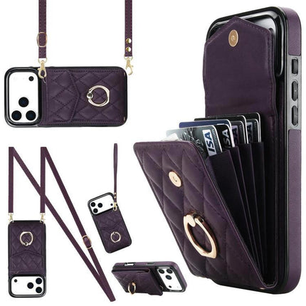 Lanyard Phone Case For Daily Use, Keeps Phone And Essentials Accessible Hands Free - purple quilted wallet lanyard with RFID card slots and adjustable strap