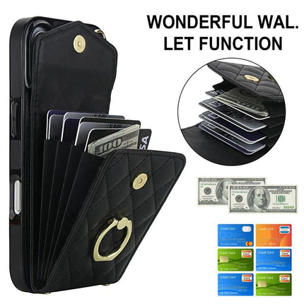 Travel Phone Case With Lanyard For Daily Essentials - black PU leather phone wallet with lanyard, multiple card slots and ring