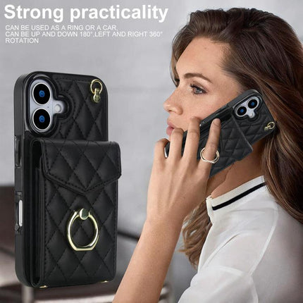 Travel Phone Case With Lanyard For Daily Essentials - black quilted PU leather phone case with ring, card pocket and removable lanyard shown on commuter
