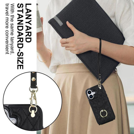Travel Phone Case With Lanyard For Daily Essentials - black PU leather hands-free phone case with card slot and adjustable lanyard