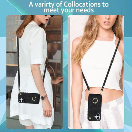 Travel Phone Case With Lanyard For Daily Essentials shown worn crossbody and around neck, black PU leather protective wallet case with card slots