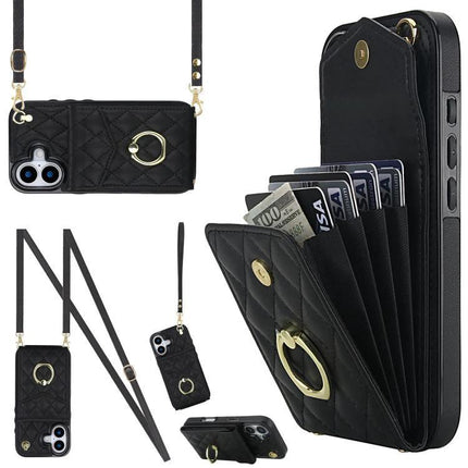 Travel Phone Case With Lanyard For Daily Essentials - black quilted PU leather wallet case with card slots and neck strap