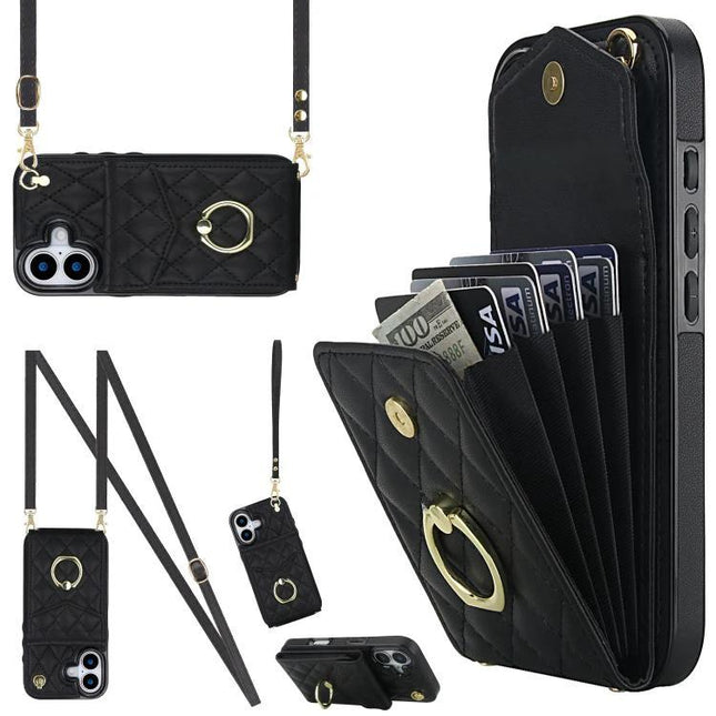 Travel Phone Case With Lanyard For Daily Essentials - black quilted PU leather wallet case with card slots and neck strap