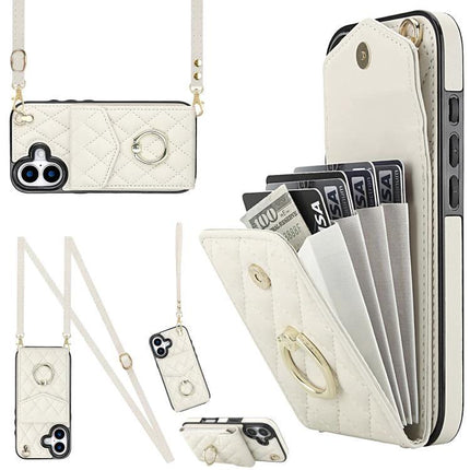 Travel Phone Case With Lanyard For Daily Essentials in white quilted PU leather with card wallet, ring, and adjustable strap