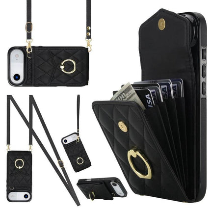 Travel Phone Case With Lanyard For Daily Essentials - black quilted PU leather wallet case with strap, card slots and gold ring
